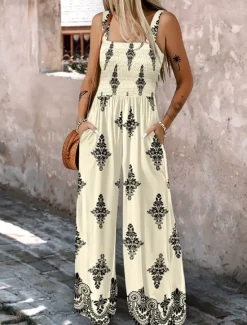 Online Women's Normal Jumpsuit Active Floral Sleeveless Square Neck Pocket High Waist Vacation Daily Regular Fit Black Blue Fuchsia Summer Women Jumpsuits|Graphic Jumpsuit