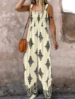 Online Women's Normal Jumpsuit Active Floral Sleeveless Square Neck Pocket High Waist Vacation Daily Regular Fit Black Blue Fuchsia Summer Women Jumpsuits|Graphic Jumpsuit