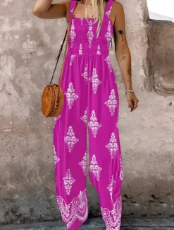 Online Women's Normal Jumpsuit Active Floral Sleeveless Square Neck Pocket High Waist Vacation Daily Regular Fit Black Blue Fuchsia Summer Women Jumpsuits|Graphic Jumpsuit