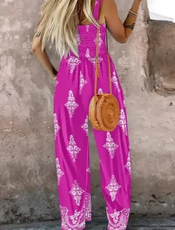 Online Women's Normal Jumpsuit Active Floral Sleeveless Square Neck Pocket High Waist Vacation Daily Regular Fit Black Blue Fuchsia Summer Women Jumpsuits|Graphic Jumpsuit