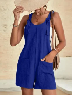 Women's Normal Jumpsuit Basic Solid Color Sleeveless Crew Neck Buttons Pocket Street Daily Regular Fit Black Light Green Pink Summer Women Rompers|Overalls