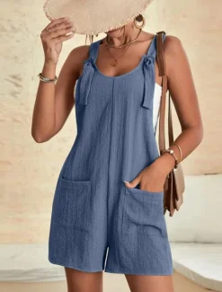 Women's Normal Jumpsuit Basic Solid Color Sleeveless Crew Neck Buttons Pocket Street Daily Regular Fit Black Light Green Pink Summer Women Rompers|Overalls