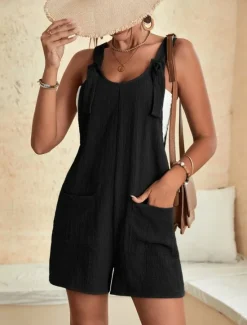 Women's Normal Jumpsuit Basic Solid Color Sleeveless Crew Neck Buttons Pocket Street Daily Regular Fit Black Light Green Pink Summer Women Rompers|Overalls
