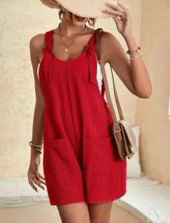 Women's Normal Jumpsuit Basic Solid Color Sleeveless Crew Neck Buttons Pocket Street Daily Regular Fit Black Light Green Pink Summer Women Rompers|Overalls