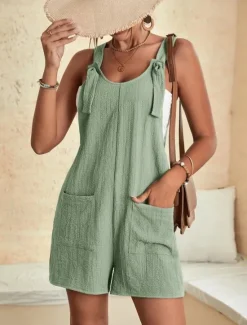 Women's Normal Jumpsuit Basic Solid Color Sleeveless Crew Neck Buttons Pocket Street Daily Regular Fit Black Light Green Pink Summer Women Rompers|Overalls