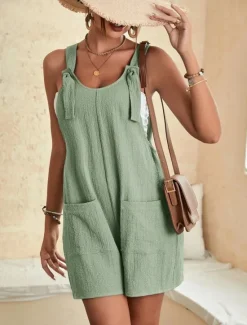 Women's Normal Jumpsuit Basic Solid Color Sleeveless Crew Neck Buttons Pocket Street Daily Regular Fit Black Light Green Pink Summer Women Rompers|Overalls