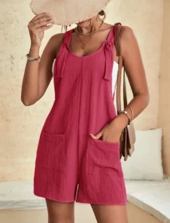 Women's Normal Jumpsuit Basic Solid Color Sleeveless Crew Neck Buttons Pocket Street Daily Regular Fit Black Light Green Pink Summer Women Rompers|Overalls