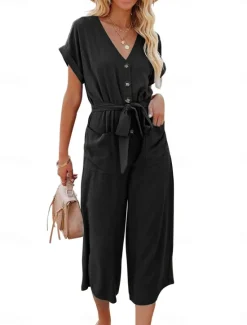 Women's Normal Jumpsuit Basic Solid Color Short Sleeve Shirt Collar Lace up Buttons Street Daily Regular Fit Black Army Green Khaki Summer Women Jumpsuits