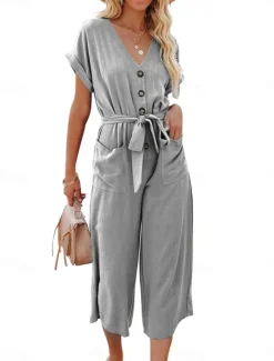 Women's Normal Jumpsuit Basic Solid Color Short Sleeve Shirt Collar Lace up Buttons Street Daily Regular Fit Black Army Green Khaki Summer Women Jumpsuits