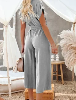 Women's Normal Jumpsuit Basic Solid Color Short Sleeve Shirt Collar Lace up Buttons Street Daily Regular Fit Black Army Green Khaki Summer Women Jumpsuits