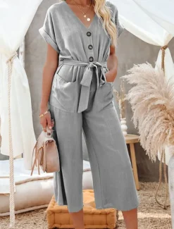 Women's Normal Jumpsuit Basic Solid Color Short Sleeve Shirt Collar Lace up Buttons Street Daily Regular Fit Black Army Green Khaki Summer Women Jumpsuits