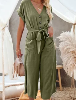Women's Normal Jumpsuit Basic Solid Color Short Sleeve Shirt Collar Lace up Buttons Street Daily Regular Fit Black Army Green Khaki Summer Women Jumpsuits