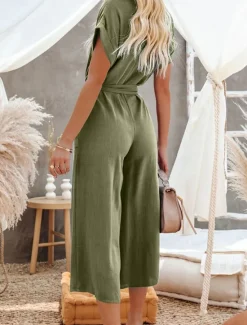 Women's Normal Jumpsuit Basic Solid Color Short Sleeve Shirt Collar Lace up Buttons Street Daily Regular Fit Black Army Green Khaki Summer Women Jumpsuits