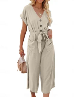 Women's Normal Jumpsuit Basic Solid Color Short Sleeve Shirt Collar Lace up Buttons Street Daily Regular Fit Black Army Green Khaki Summer Women Jumpsuits