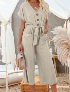 Women's Normal Jumpsuit Basic Solid Color Short Sleeve Shirt Collar Lace up Buttons Street Daily Regular Fit Black Army Green Khaki Summer Women Jumpsuits