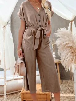 Women's Normal Jumpsuit Basic Solid Color Short Sleeve Shirt Collar Lace up Buttons Street Daily Regular Fit Black Army Green Khaki Summer Women Jumpsuits
