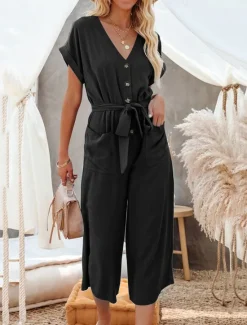 Women's Normal Jumpsuit Basic Solid Color Short Sleeve Shirt Collar Lace up Buttons Street Daily Regular Fit Black Army Green Khaki Summer Women Jumpsuits