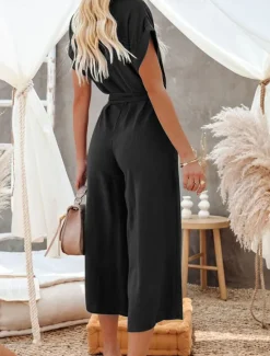 Women's Normal Jumpsuit Basic Solid Color Short Sleeve Shirt Collar Lace up Buttons Street Daily Regular Fit Black Army Green Khaki Summer Women Jumpsuits