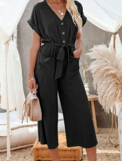 Women's Normal Jumpsuit Basic Solid Color Short Sleeve Shirt Collar Lace up Buttons Street Daily Regular Fit Black Army Green Khaki Summer Women Jumpsuits