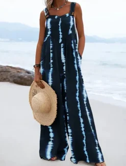 Clearance Women's Normal Jumpsuit Dungarees Casual Tie Dye Sleeveless Square Neck Pocket Print Street Daily Regular Fit Black Pink Blue Summer Women Overalls