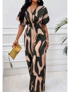 Best Women's Normal Jumpsuit Elegant Color Block Short Sleeve Butterfly Sleeve V Neck Print Work Daily Regular Fit White Orange Brown Summer Women Jumpsuits|Graphic Jumpsuit