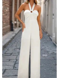 Hot Women's Normal Jumpsuit Elegant Solid Color Sleeveless Halter Neck Backless Party Regular Fit Black White Red Summer Women Jumpsuits