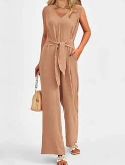 Sale Women's Normal Jumpsuit Elegant Solid Color Sleeveless V Neck Lace up Pocket Office Business Regular Fit Black Wine Army Green Summer Women Jumpsuits