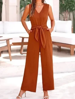 Sale Women's Normal Jumpsuit Elegant Solid Color Sleeveless V Neck Lace up Pocket Office Business Regular Fit Black Wine Army Green Summer Women Jumpsuits
