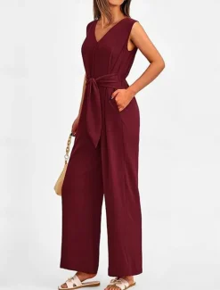 Sale Women's Normal Jumpsuit Elegant Solid Color Sleeveless V Neck Lace up Pocket Office Business Regular Fit Black Wine Army Green Summer Women Jumpsuits