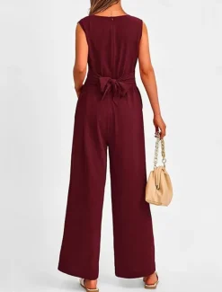Sale Women's Normal Jumpsuit Elegant Solid Color Sleeveless V Neck Lace up Pocket Office Business Regular Fit Black Wine Army Green Summer Women Jumpsuits