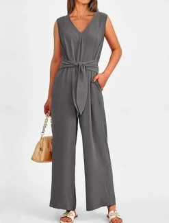 Sale Women's Normal Jumpsuit Elegant Solid Color Sleeveless V Neck Lace up Pocket Office Business Regular Fit Black Wine Army Green Summer Women Jumpsuits