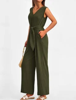 Sale Women's Normal Jumpsuit Elegant Solid Color Sleeveless V Neck Lace up Pocket Office Business Regular Fit Black Wine Army Green Summer Women Jumpsuits
