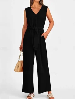 Sale Women's Normal Jumpsuit Elegant Solid Color Sleeveless V Neck Lace up Pocket Office Business Regular Fit Black Wine Army Green Summer Women Jumpsuits