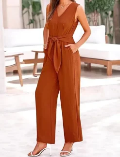 Sale Women's Normal Jumpsuit Elegant Solid Color Sleeveless V Neck Lace up Pocket Office Business Regular Fit Black Wine Army Green Summer Women Jumpsuits