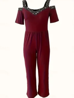 Sale Women's Normal Jumpsuit Elegant Geometric Short Sleeve Wide Leg V Neck Patchwork High Waist Party Work Regular Fit Black Wine Blue Summer Women Graphic Jumpsuit