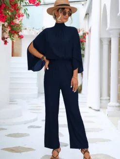 Discount Women's Normal Jumpsuit Elegant Solid Color 3/4 Length Sleeve Batwing Sleeve Wide Leg Turtleneck Pleated Work Loose Fit Black Green Summer Women Jumpsuits