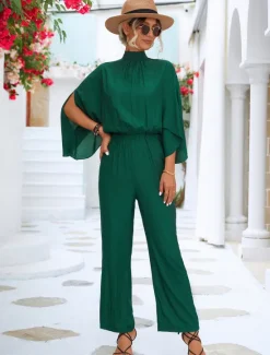Discount Women's Normal Jumpsuit Elegant Solid Color 3/4 Length Sleeve Batwing Sleeve Wide Leg Turtleneck Pleated Work Loose Fit Black Green Summer Women Jumpsuits