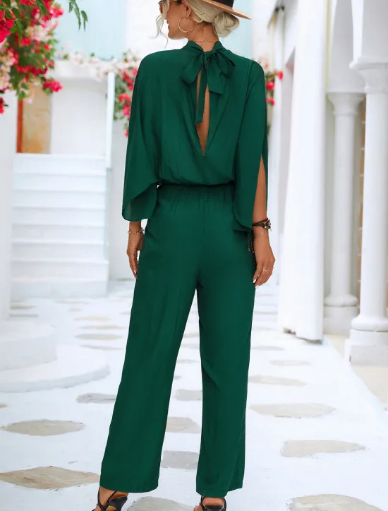 Discount Women's Normal Jumpsuit Elegant Solid Color 3/4 Length Sleeve Batwing Sleeve Wide Leg Turtleneck Pleated Work Loose Fit Black Green Summer Women Jumpsuits