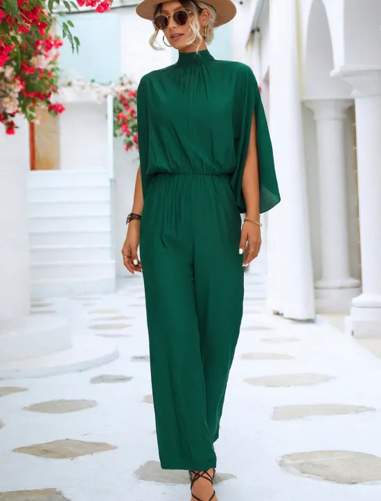 Discount Women's Normal Jumpsuit Elegant Solid Color 3/4 Length Sleeve Batwing Sleeve Wide Leg Turtleneck Pleated Work Loose Fit Black Green Summer Women Jumpsuits