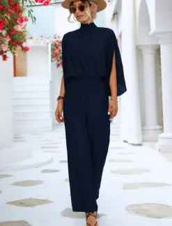 Discount Women's Normal Jumpsuit Elegant Solid Color 3/4 Length Sleeve Batwing Sleeve Wide Leg Turtleneck Pleated Work Loose Fit Black Green Summer Women Jumpsuits