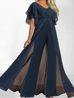 Discount Women's Normal Jumpsuit Elegant Solid Color Short Sleeve V Neck High Waist With Train Office Work Regular Fit Summer Women Jumpsuits