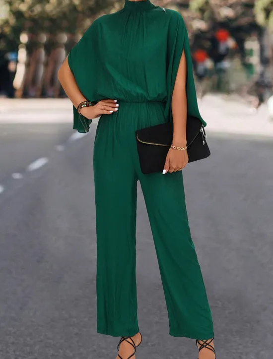 Best Women's Normal Jumpsuit Elegant Solid Color 3/4 Length Sleeve Stand Collar High Waist Wedding Vacation Regular Fit Black Green Fall Women Jumpsuits
