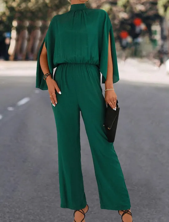 Best Women's Normal Jumpsuit Elegant Solid Color 3/4 Length Sleeve Stand Collar High Waist Wedding Vacation Regular Fit Black Green Fall Women Jumpsuits