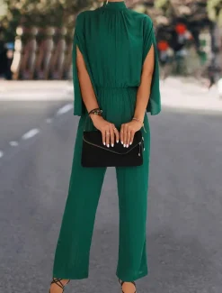 Best Women's Normal Jumpsuit Elegant Solid Color 3/4 Length Sleeve Stand Collar High Waist Wedding Vacation Regular Fit Black Green Fall Women Jumpsuits