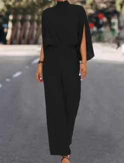 Best Women's Normal Jumpsuit Elegant Solid Color 3/4 Length Sleeve Stand Collar High Waist Wedding Vacation Regular Fit Black Green Fall Women Jumpsuits