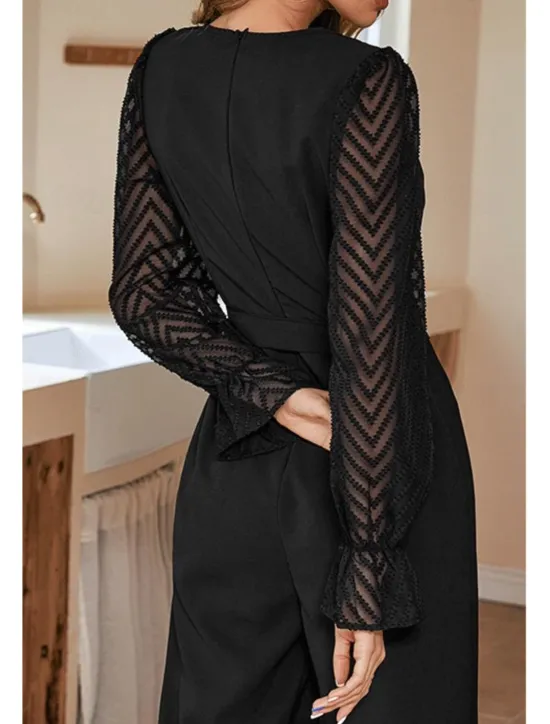 Outlet Women's Normal Jumpsuit Elegant Solid Color Long Sleeve Wide Leg V Neck Mesh Patchwork Office Work Slim Fall Women Jumpsuits