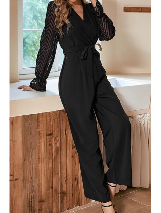 Outlet Women's Normal Jumpsuit Elegant Solid Color Long Sleeve Wide Leg V Neck Mesh Patchwork Office Work Slim Fall Women Jumpsuits