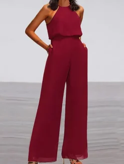Sale Women's Normal Jumpsuit Elegant Solid Color Sleeveless Crew Neck Pocket High Waist Office Business Regular Fit Summer Women Jumpsuits