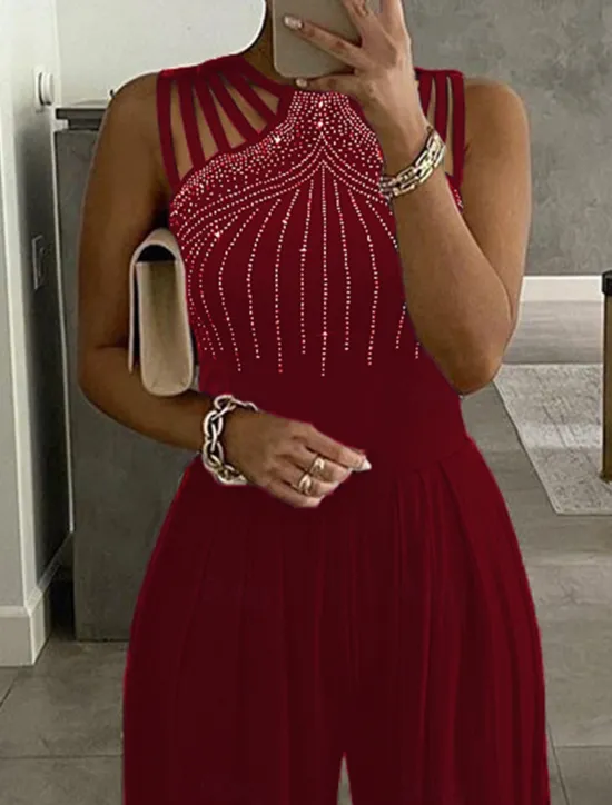 New Women's Normal Jumpsuit Elegant Solid Color Sleeveless Round Neck High Waist Cut Out Wedding Party Slim Black Red Fall Women Jumpsuits