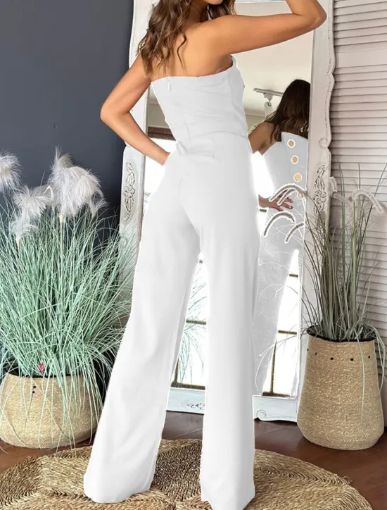 Hot Women's Normal Jumpsuit Elegant Solid Color Sleeveless Wide Leg Strapless Buttons Daily Regular Fit Black White Red Summer Women Jumpsuits